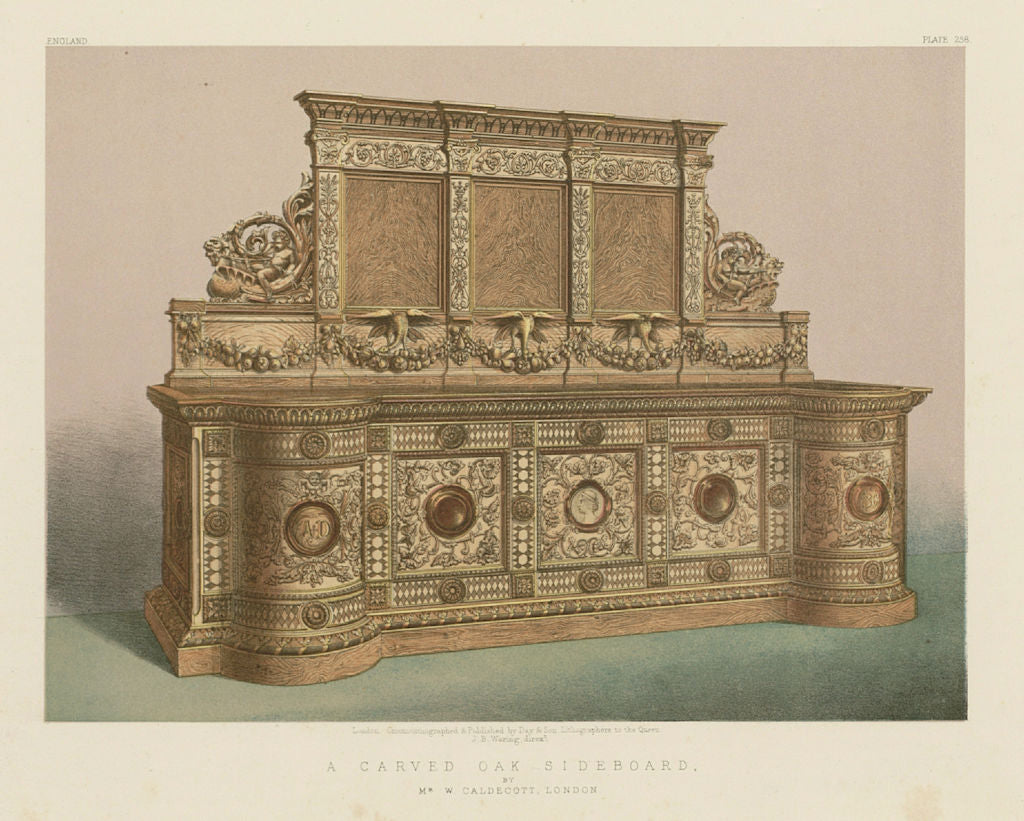INTERNATIONAL EXHIBITION. A carved oak sideboard. W Caldecott, London 1862
